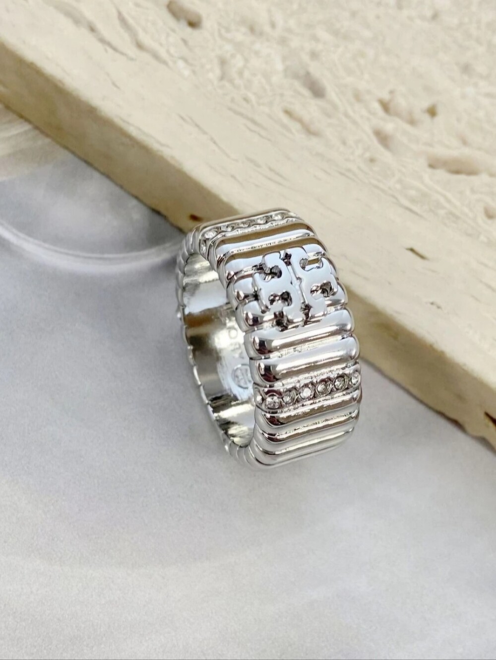 Tory Burch Silver-Tone Ribbed Logo Band with Crystal Row